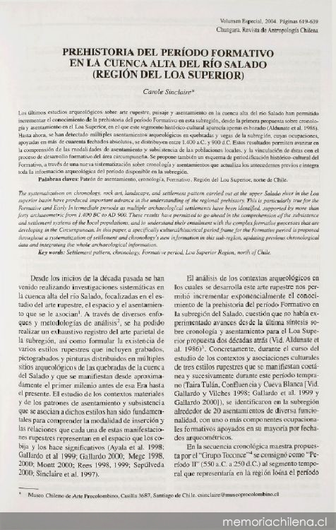 Prehistoria del Período Formativo en la cuenca alta del río Salado (Región del Loa Superior)