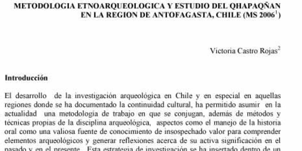 Metodología etnoarqueológica y estudio del Qhapaqñan en la Región de Antofagasta, Chile (MS 2006)