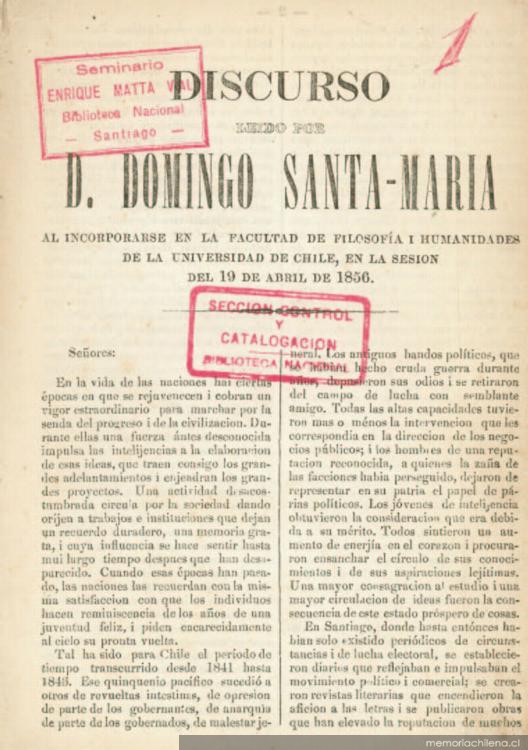 Discurso al incorporarse en la Facultad de Filosofía y Humanidades de la Universidad de Chile : en la sesión del 19 de abril de 1856