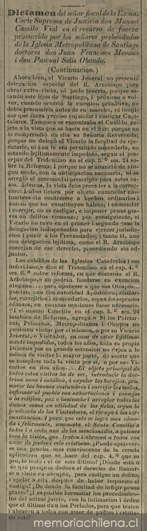 Dictamen del Sr. Fiscal de la Exma. Corte Suprema de Justicia don Manuel Camilo Vial en el recurso de fuerza promovido por los señores prebendados de la Iglesia Metropolitana de Santiago doctores don Juan Francisco Meneses i don Pascual Solis Obando