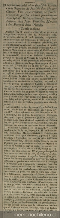 Dictamen del Sr. Fiscal de la Exma. Corte Suprema de Justicia don Manuel Camilo Vial en el recurso de fuerza promovido por los señores prebendados de la Iglesia Metropolitana de Santiago doctores don Juan Francisco Meneses i don Pascual Solis Obando