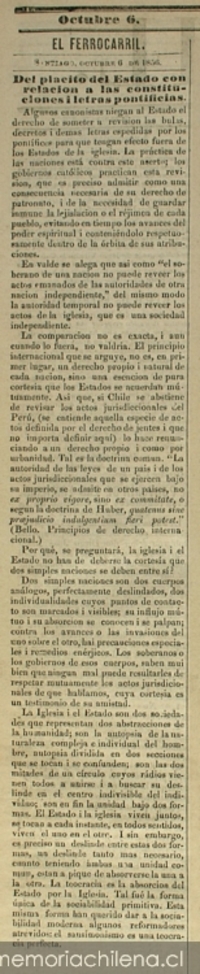 Del plácito del Estado con relación a las constituciones i letras pontificias