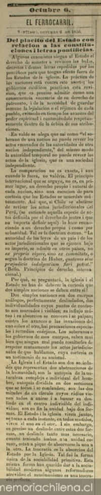 Del plácito del Estado con relación a las constituciones i letras pontificias