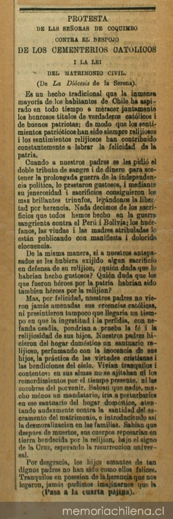 Protesta de las señoras de Coquimbo contra el despojo de los cementerios católicos y la lei del matrimonio civil