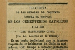 Protesta de las señoras de Coquimbo contra el despojo de los cementerios católicos y la lei del matrimonio civil