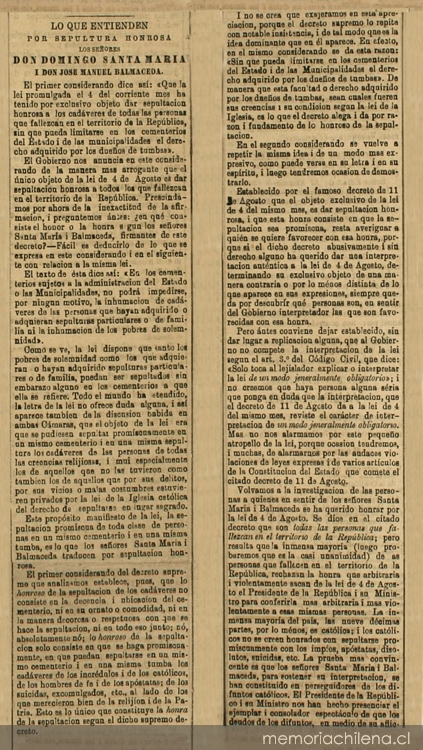 Lo que entienden por sepultura honrosa los señores Domingo Santa María i don José Manuel Balmaceda