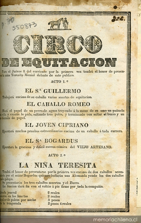 Circo de equitación: para el jueves 8 del corriente por la primera vez tendrá el honor de presentarse la niña Teresita Menial ...