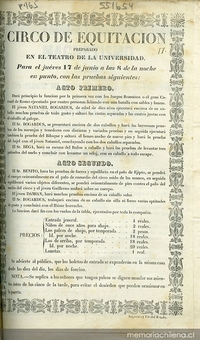 Circo de equitación: preparado en el Teatro de la Universidad. Para el jueves 17 de junio a las 8 de la noche ...