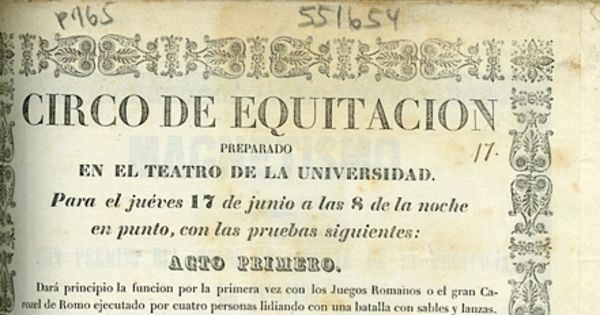 Circo de equitación: preparado en el Teatro de la Universidad. Para el jueves 17 de junio a las 8 de la noche ...