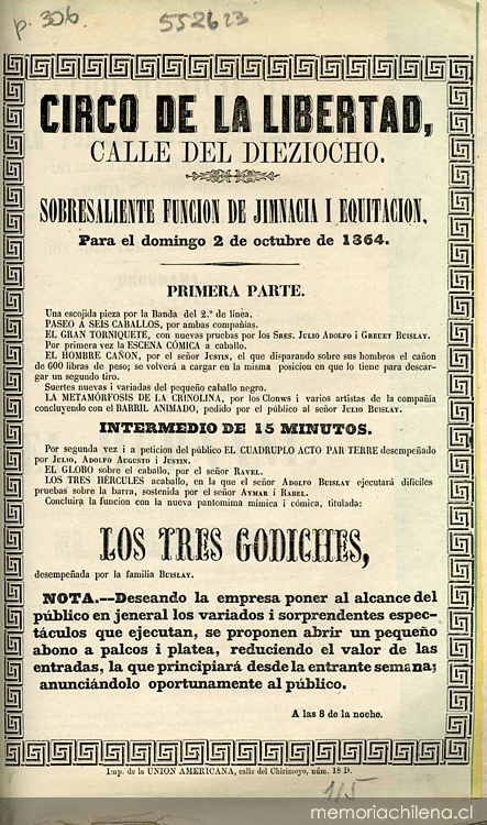 Circo de la libertad, calle del dieziocho: sobresaliente función de jimnacia i equitación, para el domingo 2 de octubre de 1864