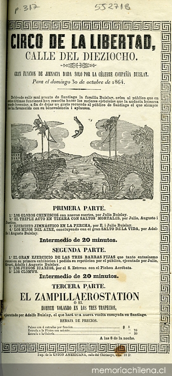 Circo de la libertad: calle dieziocho: gran función de jimnacia dada solo por la célebre Compañía Buislay, para el domingo 30 de octubre de 1864