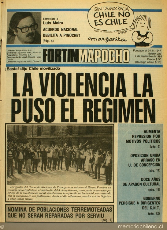 Fortín Mapocho: n° 326, 9 de septiembre de 1985