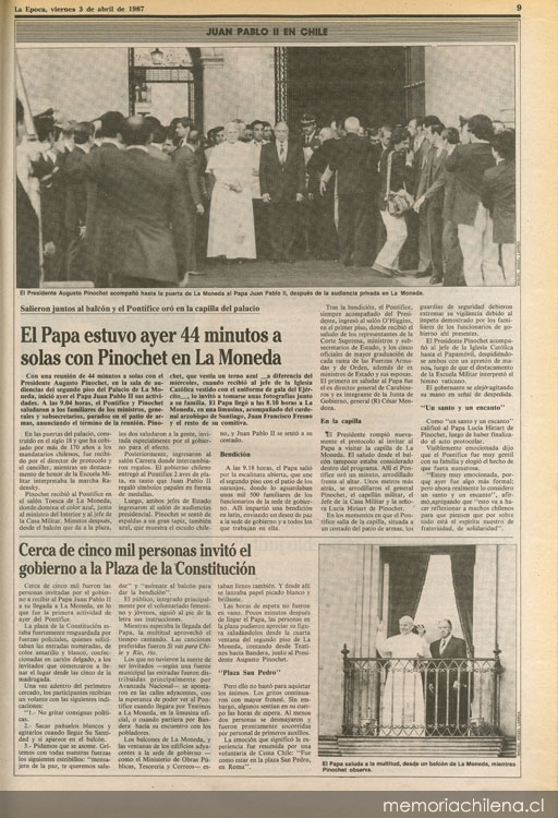 El Papa estuvo ayer 44 minutos a solas con Pinochet en La Moneda