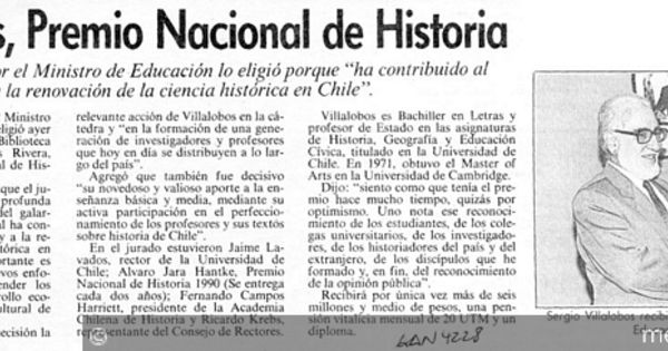 Villalobos, Premio Nacional de Historia