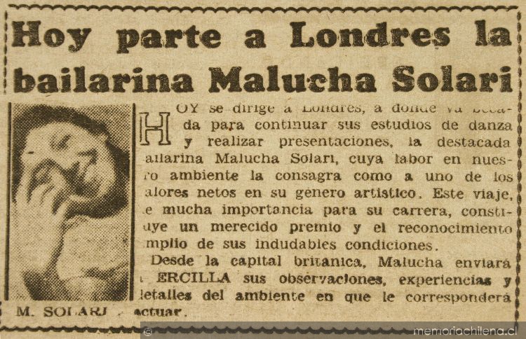 Hoy parte a Londres la bailarina Malucha Solari