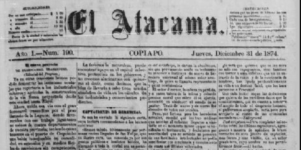 El Atacama : año 1-2, n° 190-213, 31 de diciembre de 1834-29 de enero de 1875