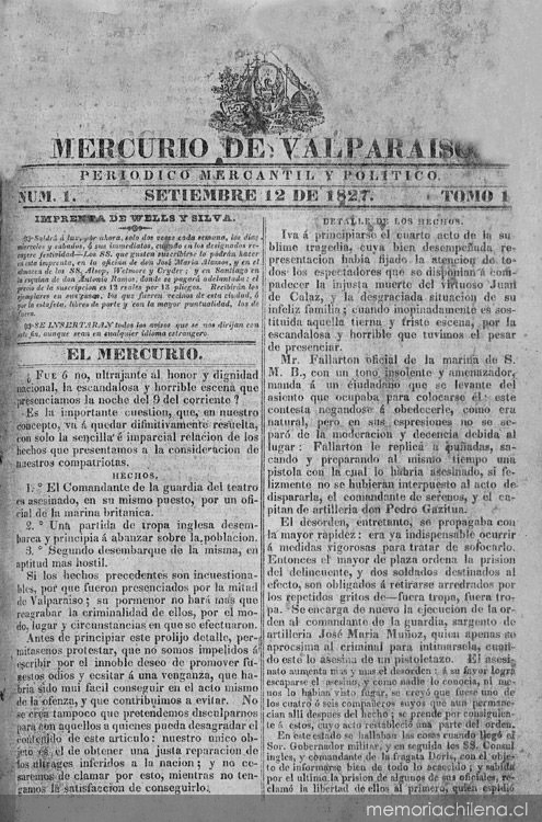 El Mercurio de Valparaíso : n° 1, 12 de septiembre de 1827