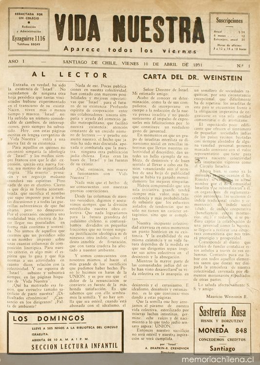 Vida Nuestra : año I, n° 1 del 10 de abril de 1931