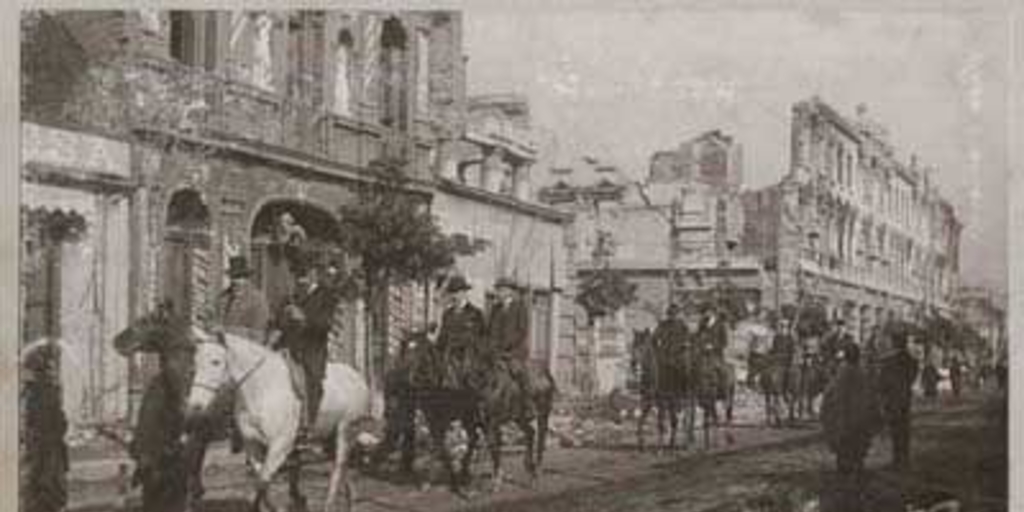 Terremoto de Valparaíso: el presidente electo Don Pedro Montt, primer Alcalde, Intendente y Ministros de Estado, visitando las ruinas, 1906