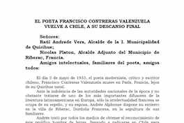 El poeta Francisco Contreras Valenzuela vuelve a Chile, a su descanso final