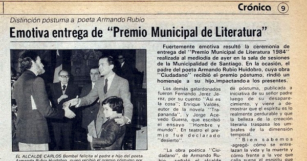 Emotiva entrega de "Premio Municipal de Literatura" : distinción póstuma a poeta Armando Rubio