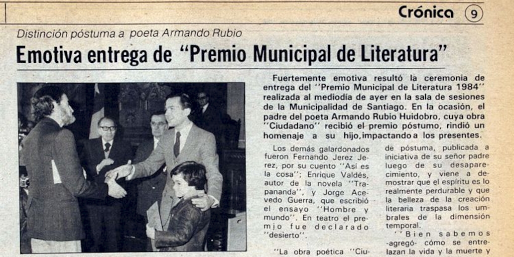 Emotiva entrega de "Premio Municipal de Literatura" : distinción póstuma a poeta Armando Rubio