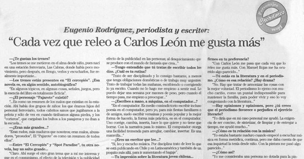 Eugenio Rodríguez : periodista y escritor : "Cada vez que releo a Carlos León me gusta más"