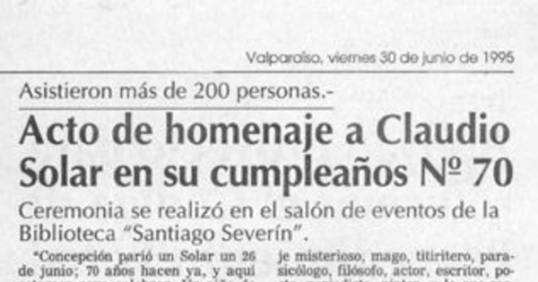 Acto de homenaje a Claudio Solar en su cumpleaños no. 70