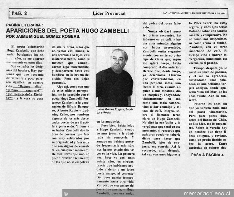 Apariciones del poeta Hugo Zambelli