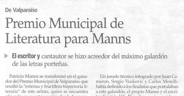 Premio Municipal de Literatura para Manns