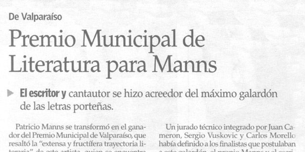 Premio Municipal de Literatura para Manns