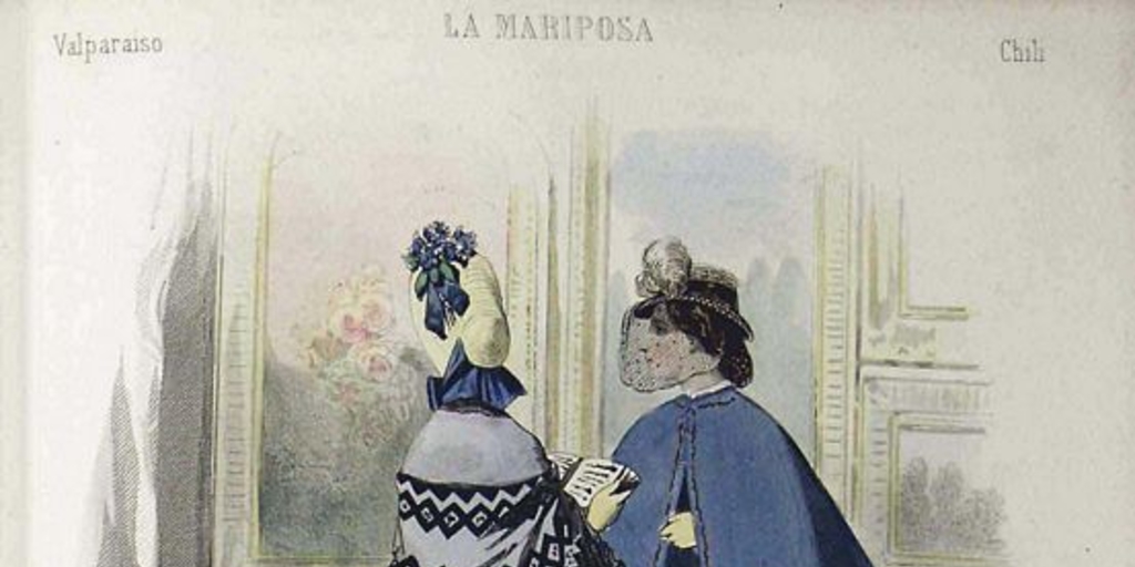 Dos mujeres leyendo La Mariposa, periódico quincenal de modas