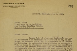 [Carta] 1948 Dic. 14, Santiago [a] Excmo. Señor Presidente de la República don Gabriel González Videla