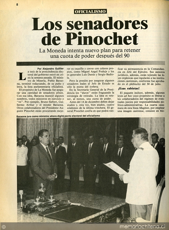 Los senadores de Pinochet : la Moneda intenta nuevo plan para retener una cuota de poder después del 90
