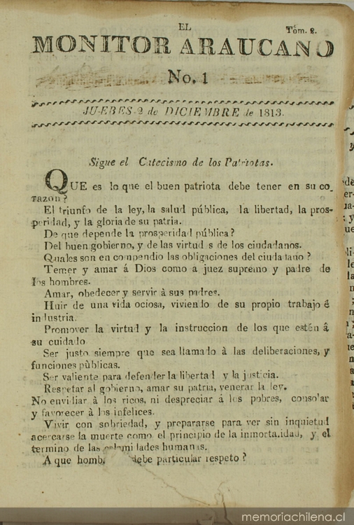 El Monitor Araucano: tomo 2, n° 1 del 2 de diciembre de 1813 al 30 de septiembre de 1814