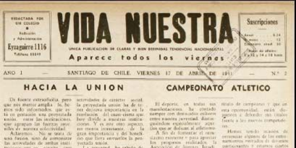 Vida Nuestra : año I, n° 2 del 17 de abril de 1931