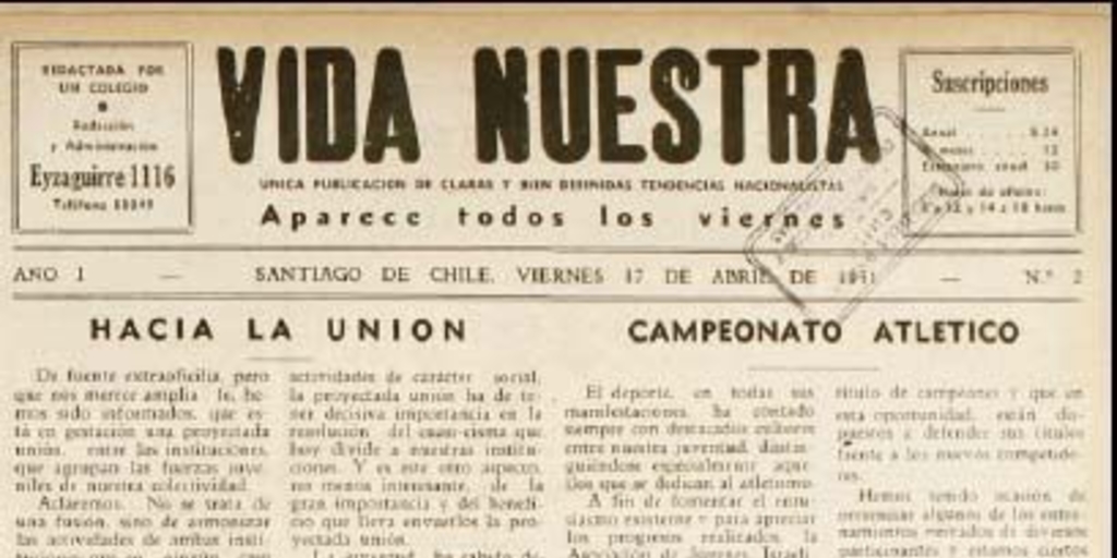 Vida Nuestra : año I, n° 2 del 17 de abril de 1931