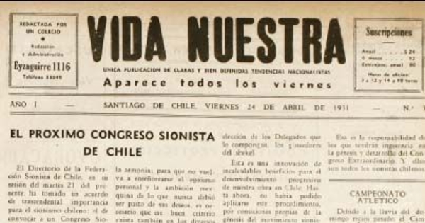 Vida Nuestra : año I, n° 3 del 24 de abril de 1931