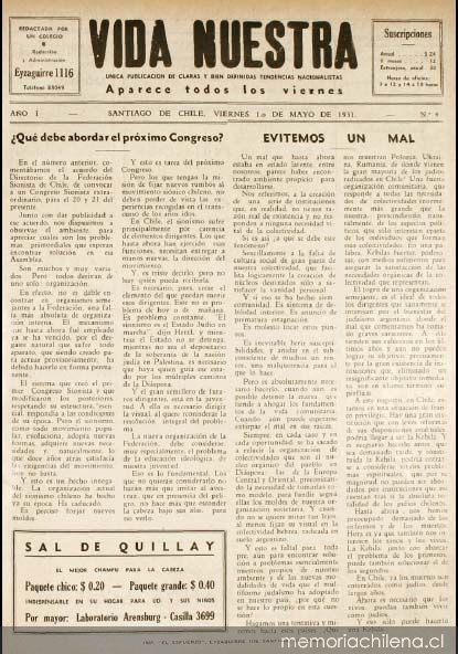 Vida Nuestra : año I, n° 4 del 1 de mayo de 1931