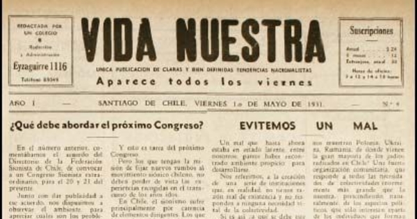 Vida Nuestra : año I, n° 4 del 1 de mayo de 1931