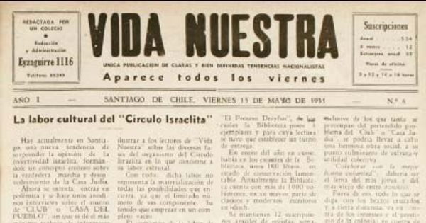 Vida Nuestra : año I, n° 6 del 15 de mayo de 1931