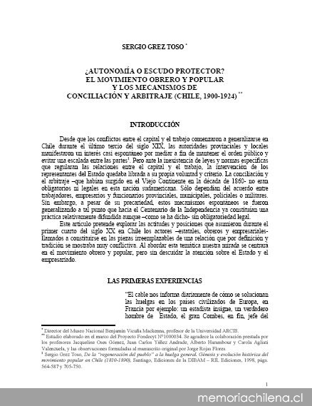 ¿Autonomía o escudo protector? El movimiento obrero y popular y los mecanismos de conciliación y arbitraje (Chile, 1900-1924