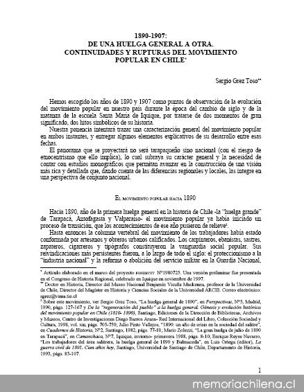 1890-1907 : de una huelga general a otra : continuidades y rupturas del movimiento popular en Chile