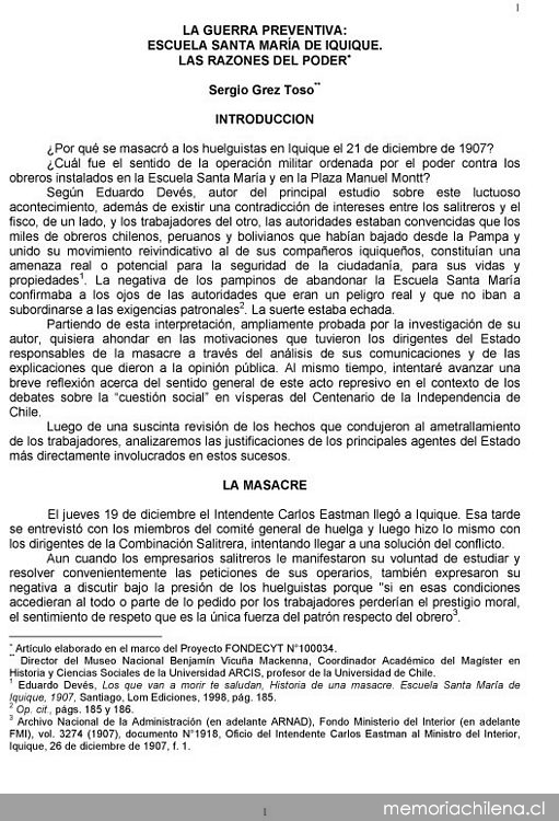 La guerra preventiva : Escuela Santa María de Iquique : las razones del poder