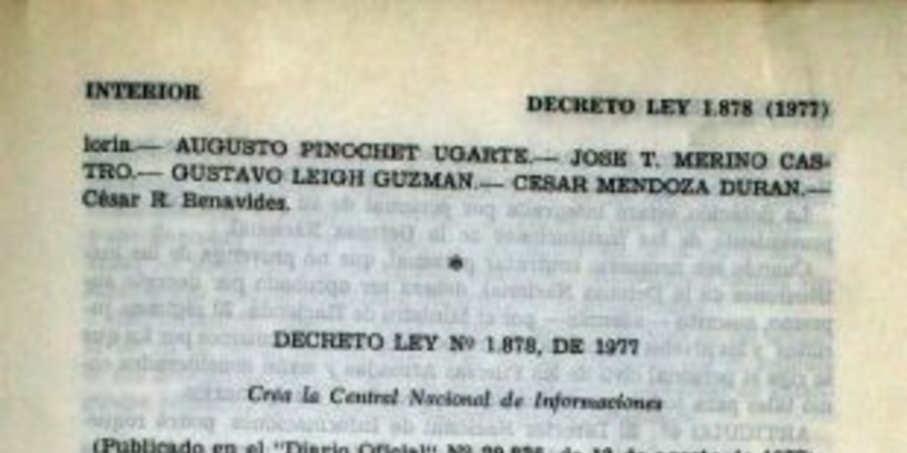 Decreto Ley N° 1.878 de 1977, Diario Oficial N° 29.836, 13 de agosto de 1977, que crea la Central Nacional de Informaciones