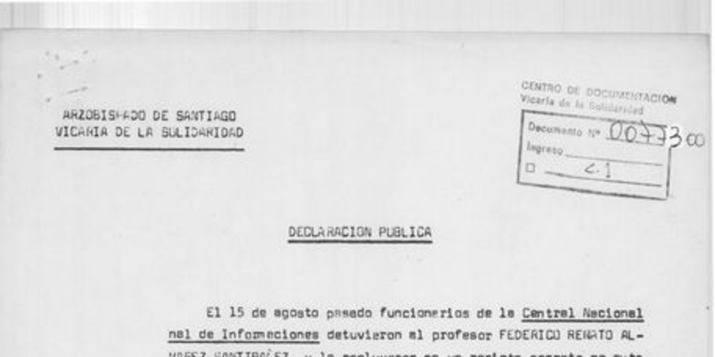 Declaración Pública: sobre la detención de Federico Renato Alvarez Santibañez, Santiago, 22 de agosto de 1979