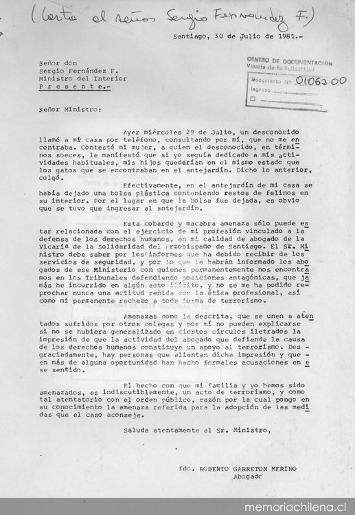 Carta al Ministro del Interior, Sergio Fernández F., Santiago 30 de julio de 1981