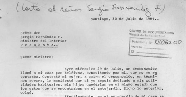 Carta al Ministro del Interior, Sergio Fernández F., Santiago 30 de julio de 1981