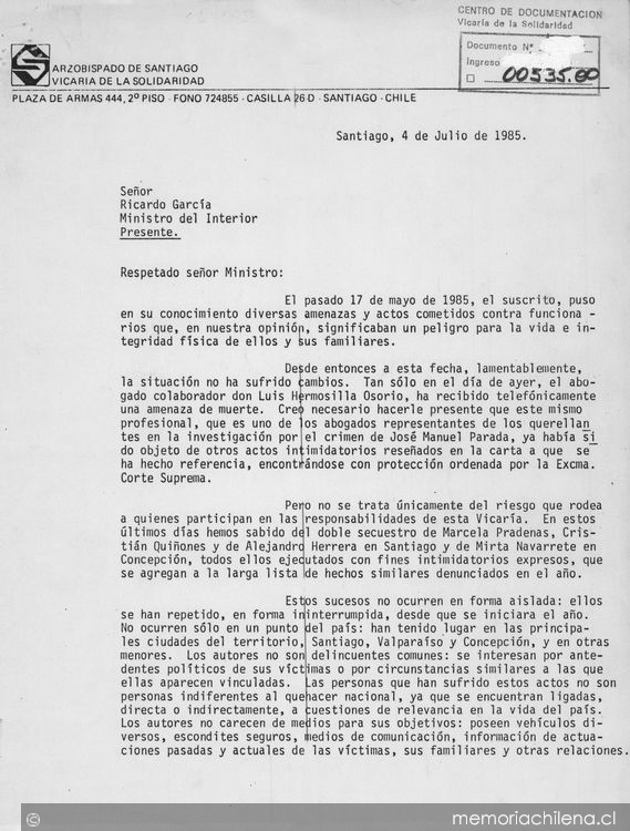 Carta a Ricardo García, Ministro del Interior, Santiago 4 de julio de 1985