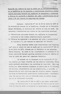 Resolución N° 113: Exención del trámite de toma de razón por la Contraloría General de la República de los decretos y resoluciones relativos a detenciones aplicadas durante los regímenes de emergencia y relativos a órdenes de expulsión o abandono del país y prohibiciones de ingreso a él por razones de seguridad del Estado, Santiago, 26 de enero de 1978